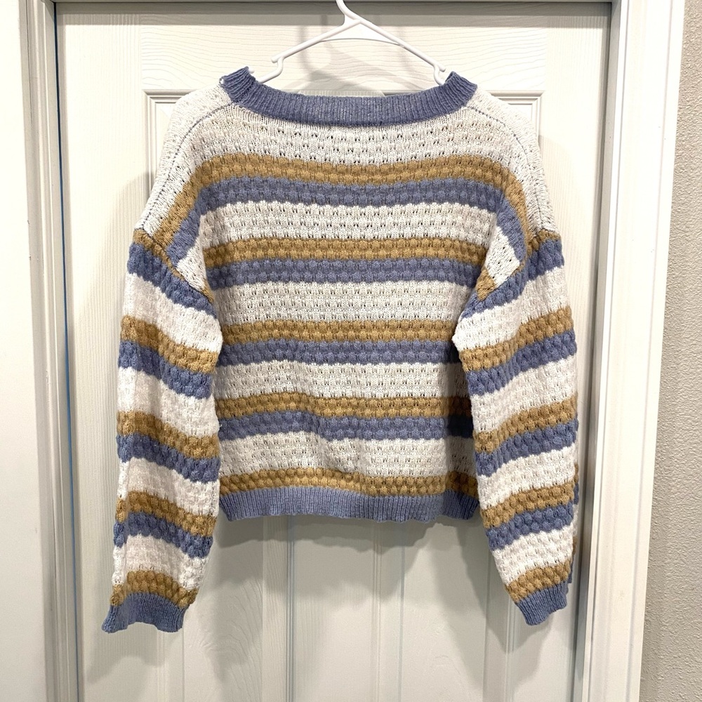 SHEIN Blue, White, and Tan Striped Sweater - Picture 2 of 3